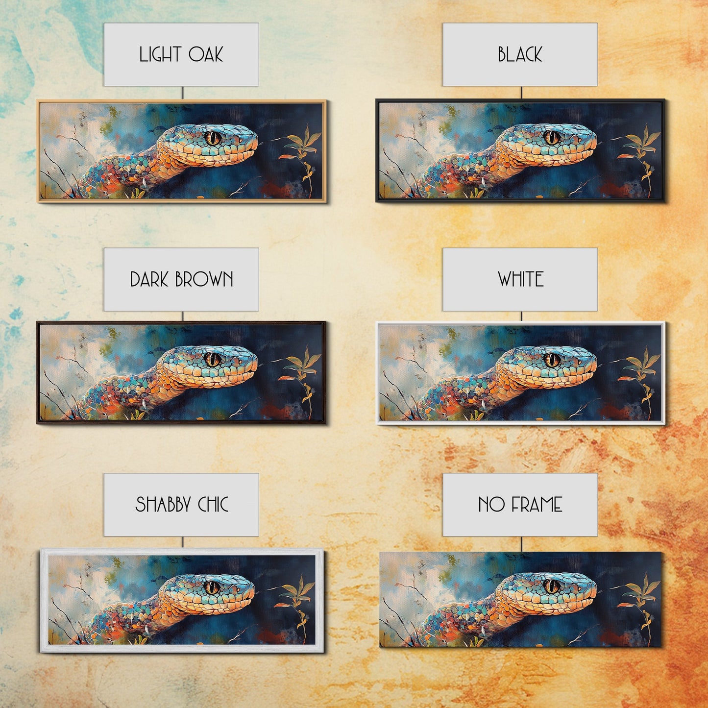 Vibrant Snake Painting, reptile wall art, wildlife decor, moody art, sacred geometry wall art, framed canvas print, extra wide art