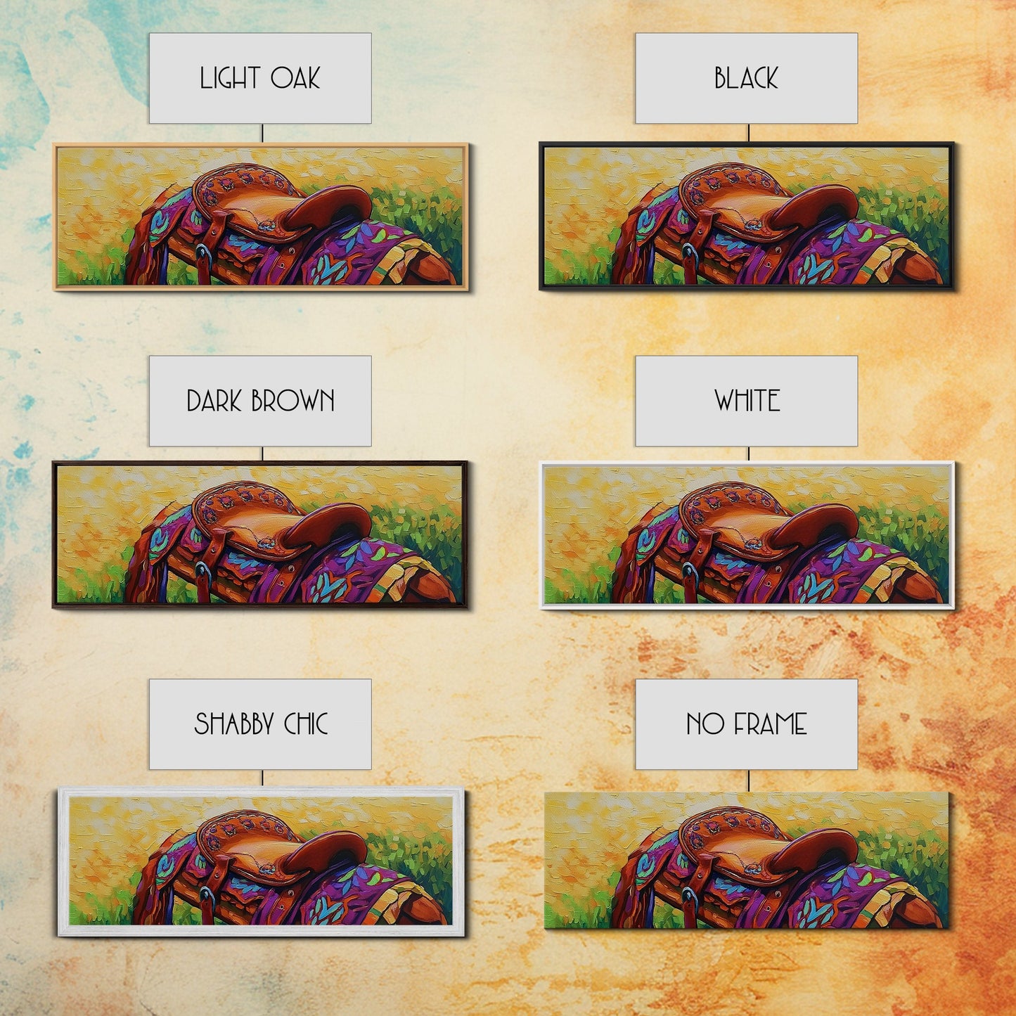 Colorful Saddle Painting, cowboy decor, vibrant rustic wall art, western style art, boho art, southwestern wall art, framed canvas print