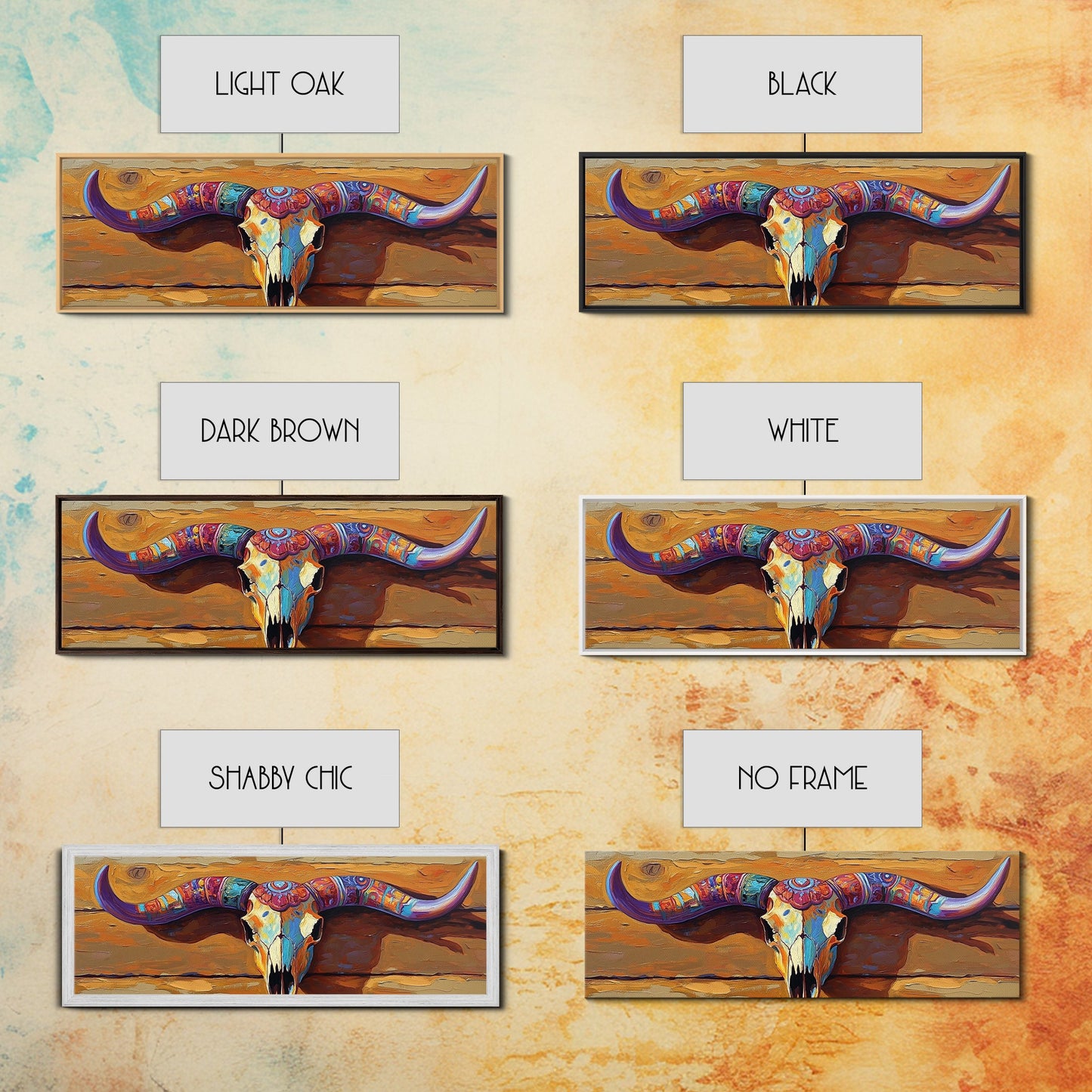 Bemalter Totenkopf, Stier- und Bärenmotiv, rustikale Dekoration, extra breites Kunstwerk, Wandkunst im Südwest-Stil, rosa-orangefarbene Wandkunst, gerahmter Leinwanddruck