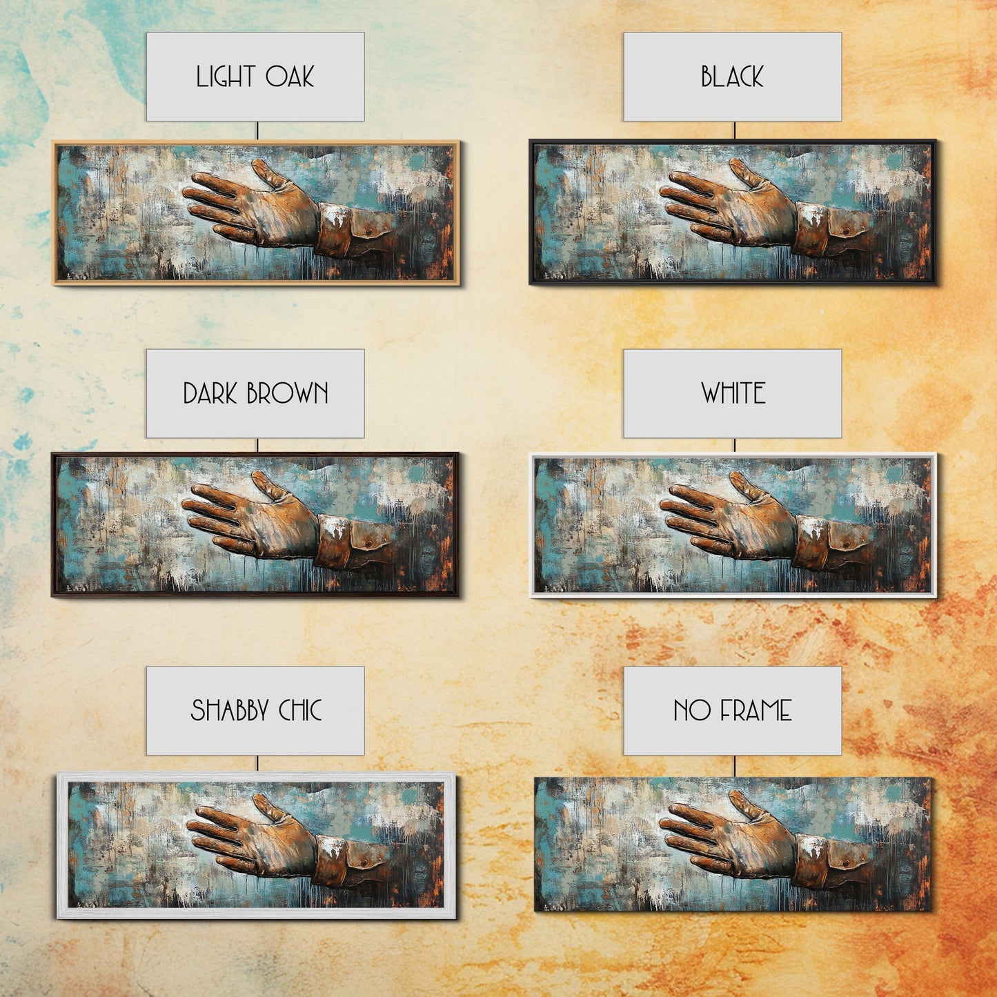 Rustikale Lederhandschuhkunst, gerahmter Leinwanddruck, Wabi-Sabi-Wandkunst, stimmungsvolle Kunst, türkisfarbene Wandkunst, extra breite Kunst, Landhauskunst