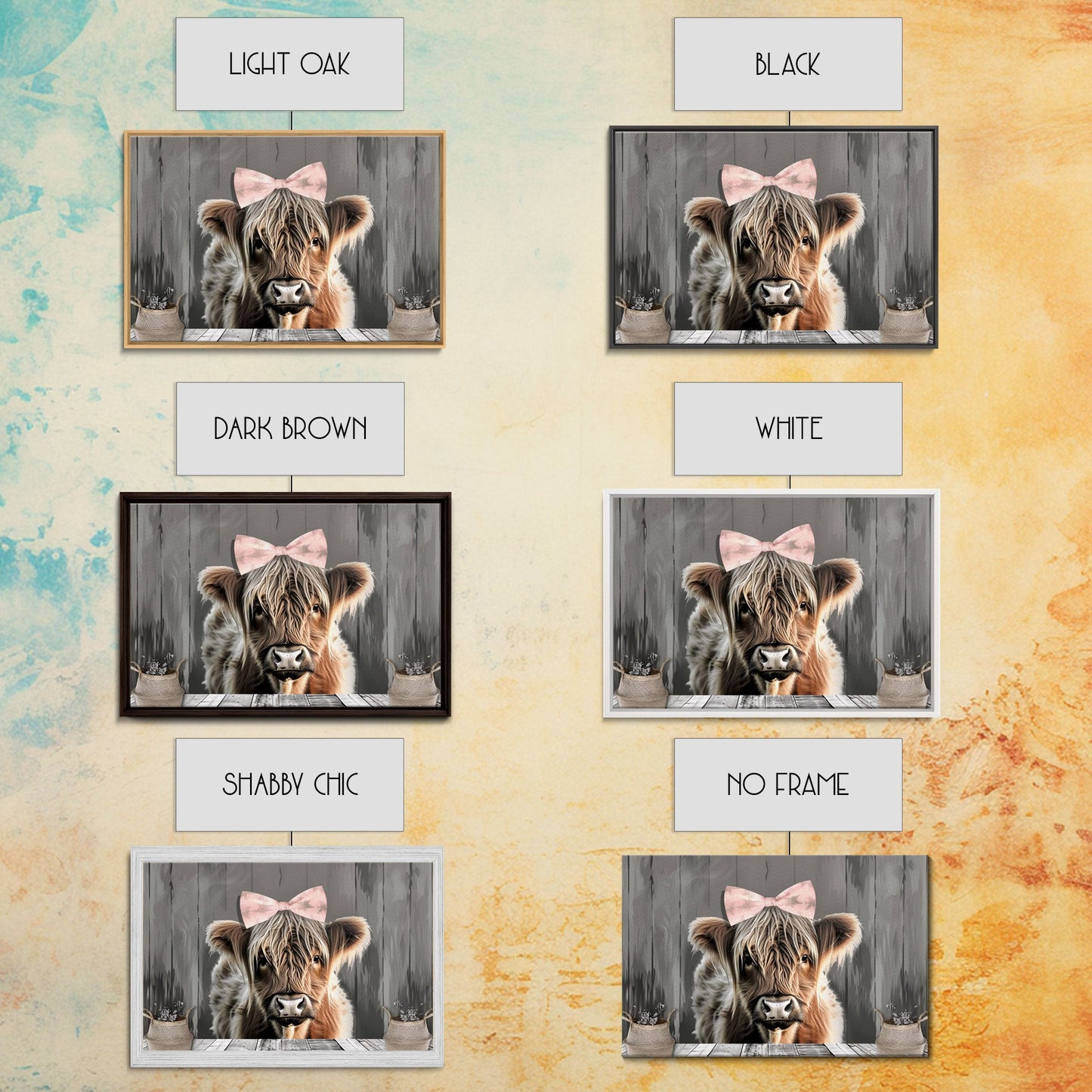 Framed Wall Art Texas Cattle, Wood Framed Canvas Print, Farmhouse Decor, Minimalist Rustic Farmhouse Painting, Cute Nursery Wall Art