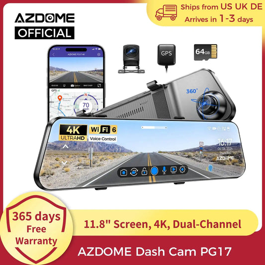 AZDOME PG17 12" WiFi Mirror Dash Cam 4K Dual Camera