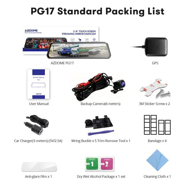 AZDOME PG17 12" WiFi Mirror Dash Cam 4K Dual Camera