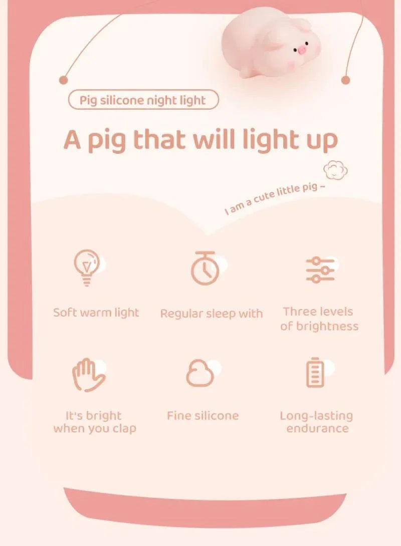 Cute Pink Piggy Night Light USB Rechargeable LED Lamp