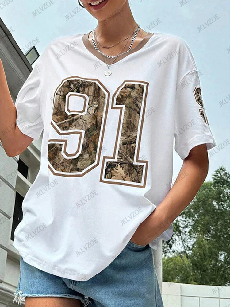 Sommer 2025 Neues Retro-T-Shirt Nr. 91 mit Aufdruck für Damen, V-Ausschnitt, Kurzarm, Sport-Fußballtrikot, Y2K-Stil, lockere Oversize-Passform