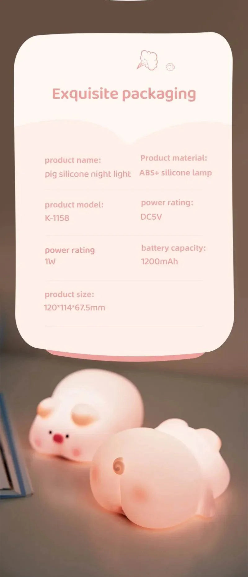 Cute Pink Piggy Night Light USB Rechargeable LED Lamp