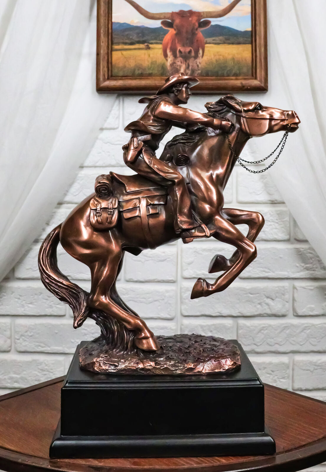 Rustic Western Wild Cowboy Bracing on a Galloping Horse Bronzed Resin Statue