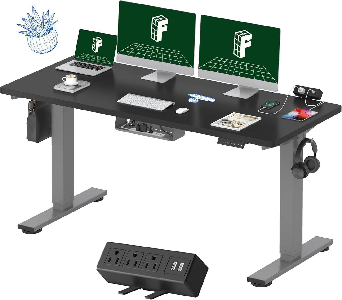 EN2 Height Adjustable Electric Standing Desk - 48"x30" with Clamp Power Strip & Cable Management (Gray Frame + Mahogany Top)