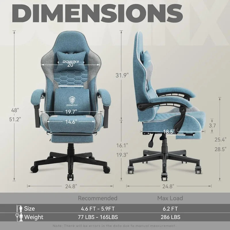 Dowinx Gaming Chair Fabric with Pocket Spring Cushion, Massage Game Chair Cloth with Headrest, Ergonomic Computer Chair Blue