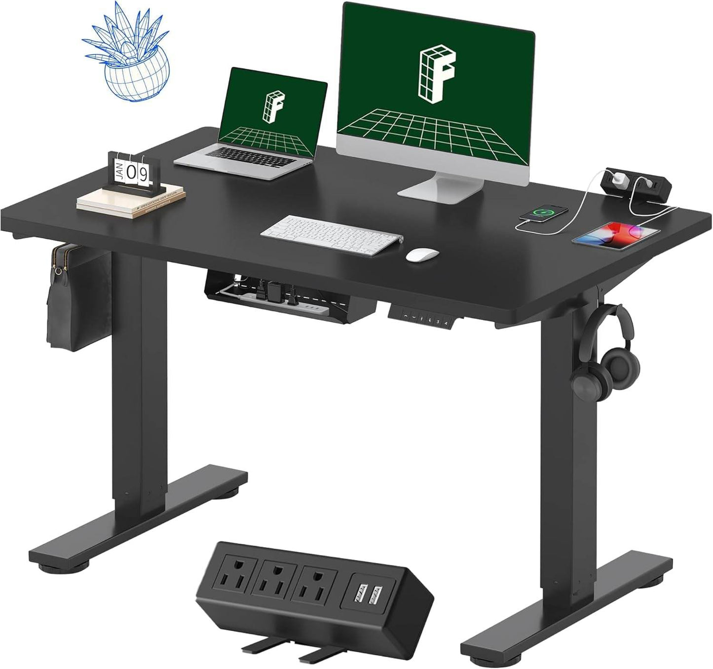 EN2 Height Adjustable Electric Standing Desk - 48"x30" with Clamp Power Strip & Cable Management (Gray Frame + Mahogany Top)