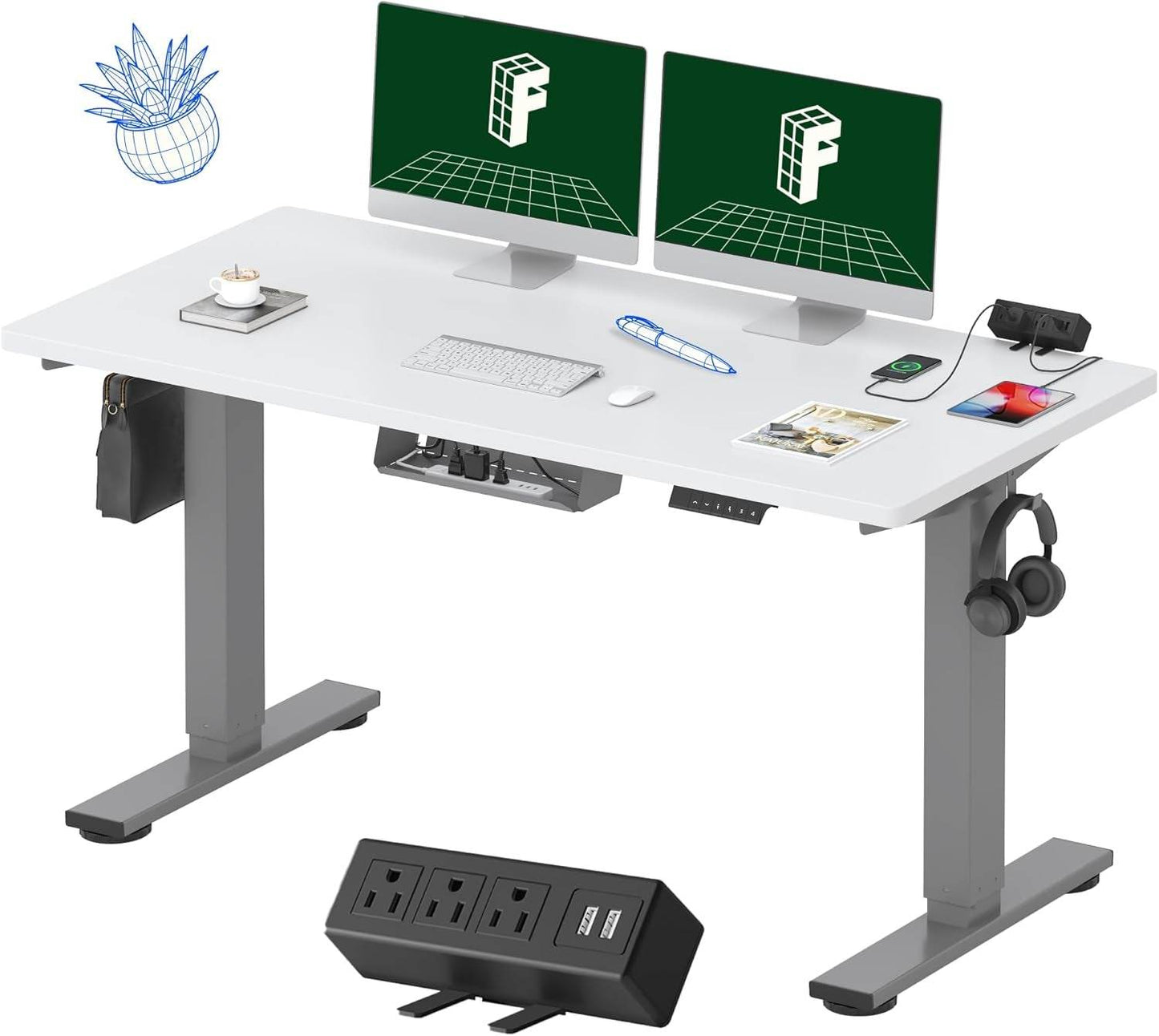 EN2 Height Adjustable Electric Standing Desk - 48"x30" with Clamp Power Strip & Cable Management (Gray Frame + Mahogany Top)