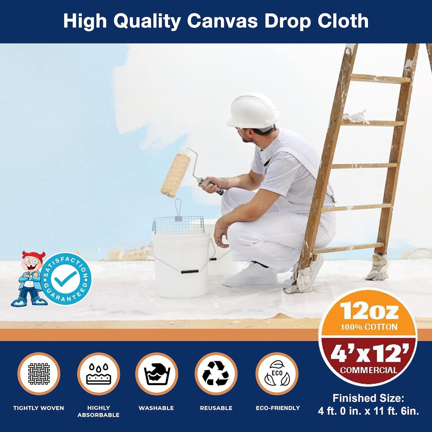 Canvas Drop Cloth for Painting 4X12 Ft – All Purpose Canvas for Floor & Furniture Paint Protection – Painters Drop Cloth Curtains –12 Oz. Seamless Canvas Fabric Painting Supplies for Home