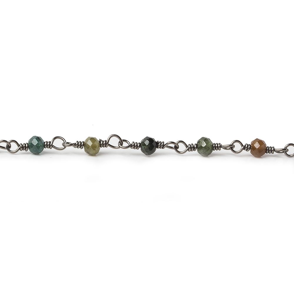 3mm Multi Color Tourmaline micro-faceted round Black Gold plated Chain by the foot 40 beads