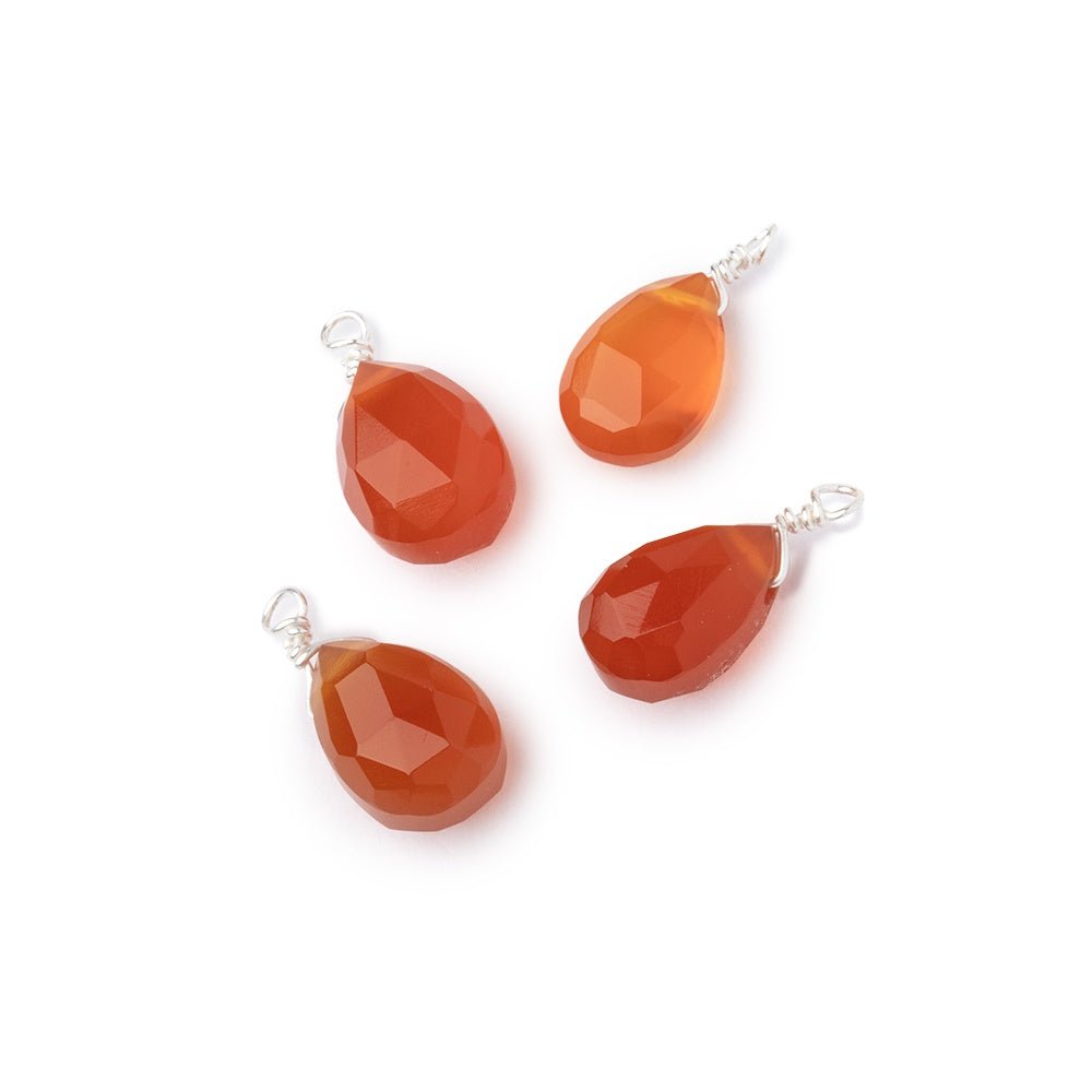 Set of 4 Silver Wire Wrapped 9x6mm Carnelian Faceted Pear Focals