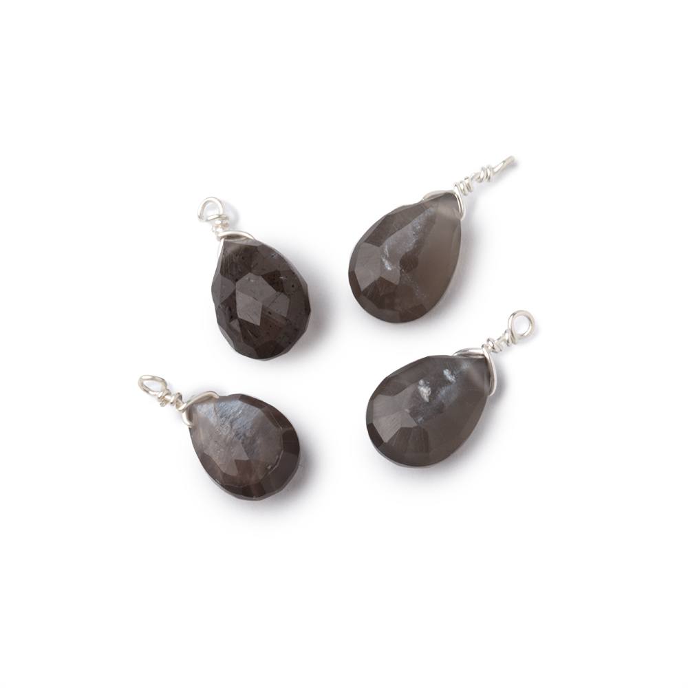 Set of 4 Silver Wire Wrapped 9x6mm Gray Moonstone Faceted Pear Focals