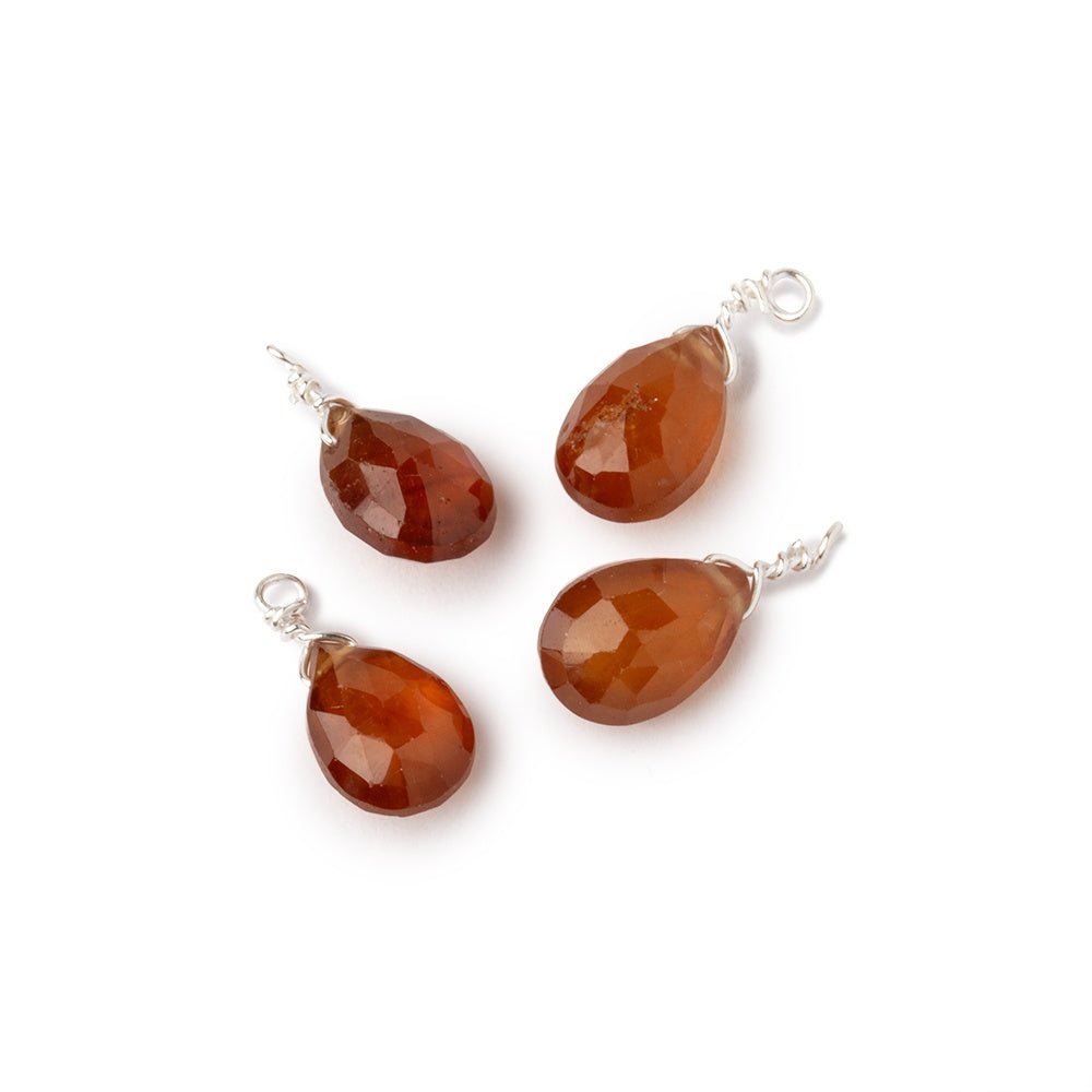 Set of 4 Silver Wire Wrapped 9x6mm Hessonite Garnet Faceted Pear Focals