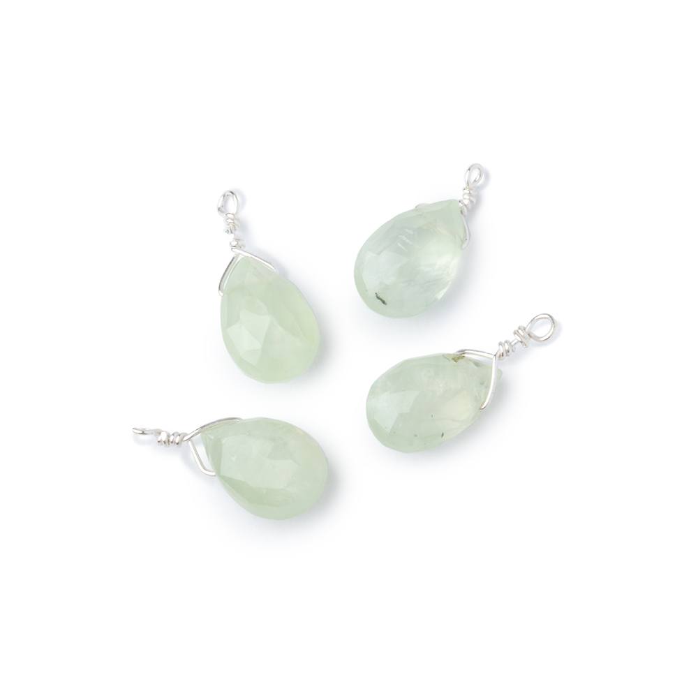 Set of 4 Silver Wire Wrapped 9x6mm Prehnite Faceted Pear Focals