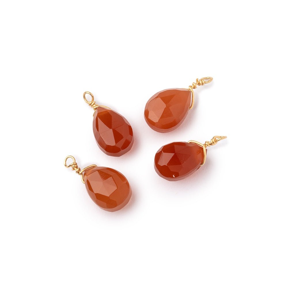 Set of 4 Vermeil Wire Wrapped 9x6mm Carnelian Faceted Pear Focals