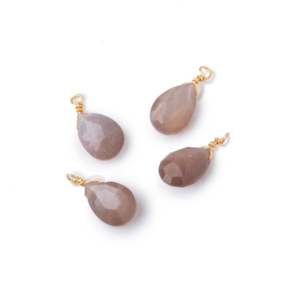 Set of 4 Vermeil Wire Wrapped 9x6mm Chocolate Moonstone Faceted Pear Focals