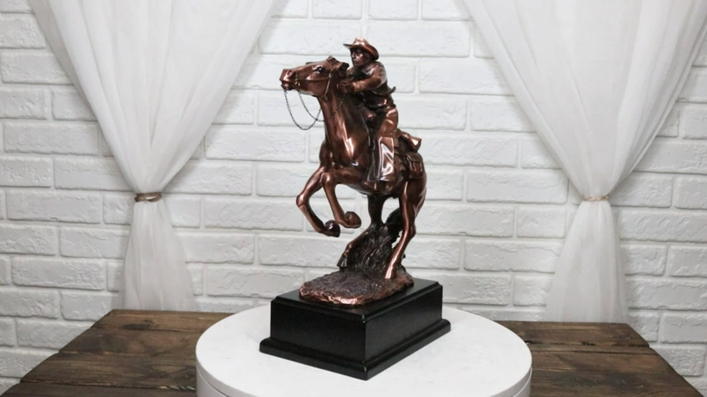 Rustic Western Wild Cowboy Bracing on a Galloping Horse Bronzed Resin Statue
