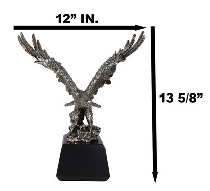 Electroplated Pewter Silver Bald Eagle with Open Wings Landing on Rock Statue