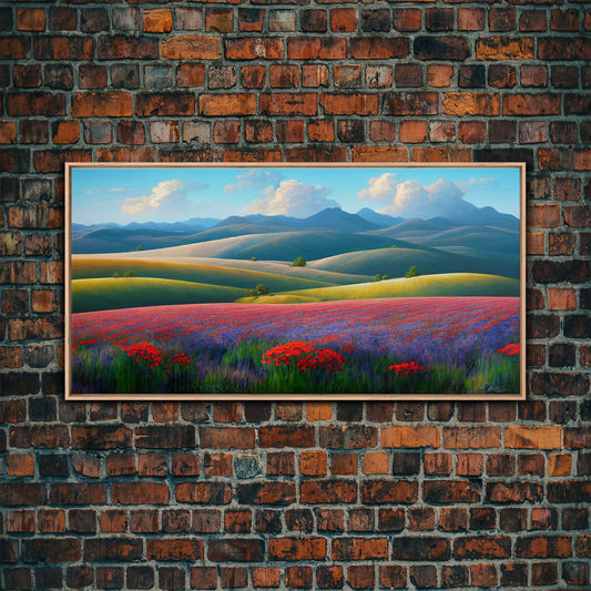 Beautiful Colorful Painting of a field of flowers, Wall Decor, Ready To Hang Framed Canvas Print, Oversize Wall Art