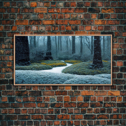 Cabin art, snow covered winter forest, winter vacation home art, framed canvas print, ready to hang framed wall art