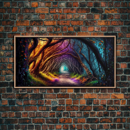 Secret Path, Fantasy Art, Pop Art Forest Landscape, Framed Canvas Print, Colorful Forest Painting, Living Room Art, Glowing Magical Forest