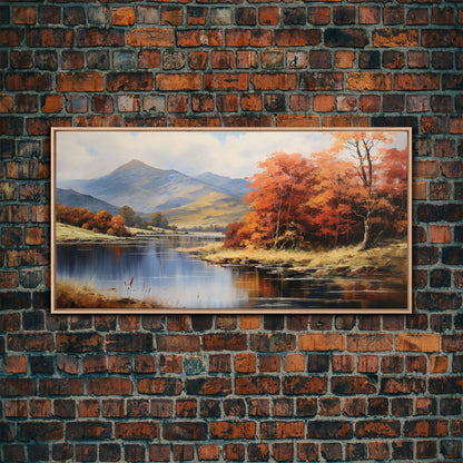 Autumn By The Lake, Framed Canvas Print, Original Landscape Painting, Fall Decor, Boho Minimalist Farmhouse Decor, Rustic Art