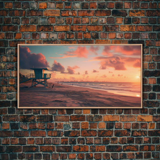 Beach At Sunset Vaporwave Decor, Nautical Framed Canvas Print, Eclectic Retro Wall Art, 1980s Vibes Decor, Vintage Photography, Liminal Art