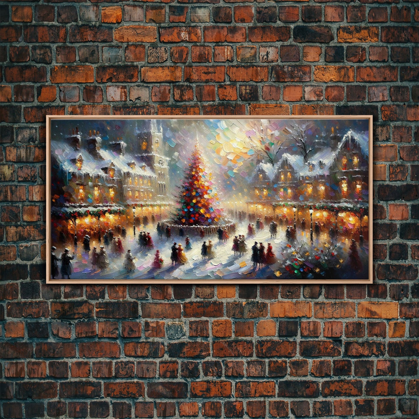 Retro Style Christmas Canvas Print | Framed Canvas Print | Christmas Village | Winter Wonderland | Impasto Style Painting | Seasonal Decor