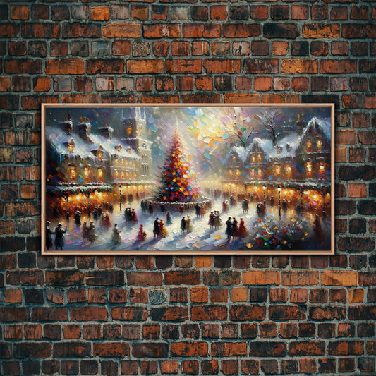 Retro Style Christmas Canvas Print | Framed Canvas Print | Christmas Village | Winter Wonderland | Impasto Style Painting | Seasonal Decor