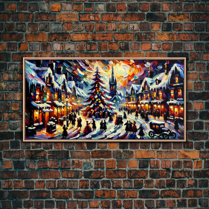Retro Style Christmas Canvas Print | Framed Canvas Print | Christmas Village | Winter Wonderland | Impasto Style Painting | Seasonal Decor