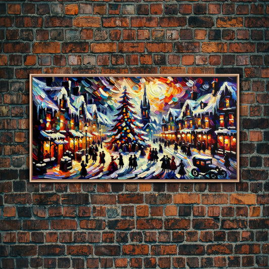Retro Style Christmas Canvas Print | Framed Canvas Print | Christmas Village | Winter Wonderland | Impasto Style Painting | Seasonal Decor