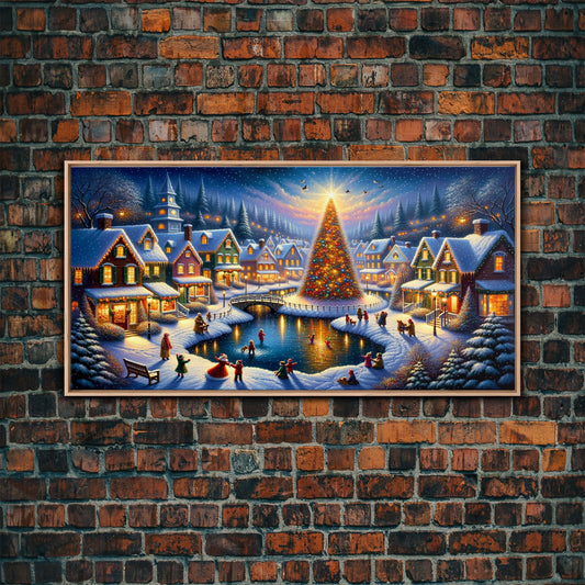 Retro Style Christmas Canvas Print | Framed Canvas Print | Christmas Village | Winter Wonderland | Vintage Style Painting | Seasonal Decor