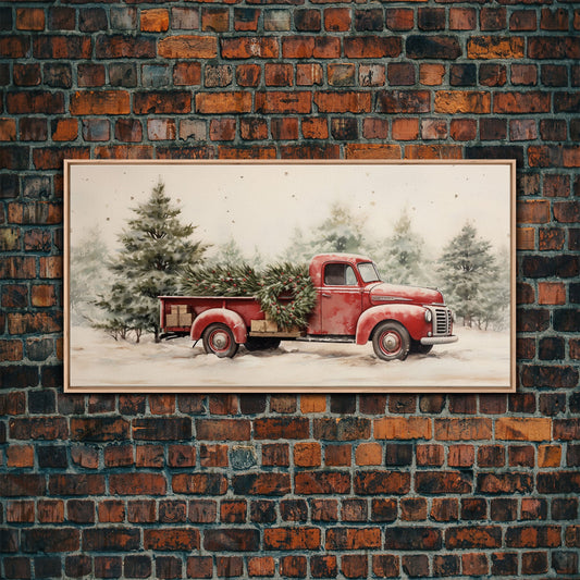 Christmas Tree Delivery - Framed Canvas Print - Vintage Style Farmhouse Christmas Decor Wall Art - Retro 1950s Truck Christmas Art