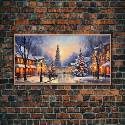 Christmas Centerpiece Wall Art - Framed Canvas Print - Winter Wonderland Victorian Village Decorated for Christmas Canvas Wall Art