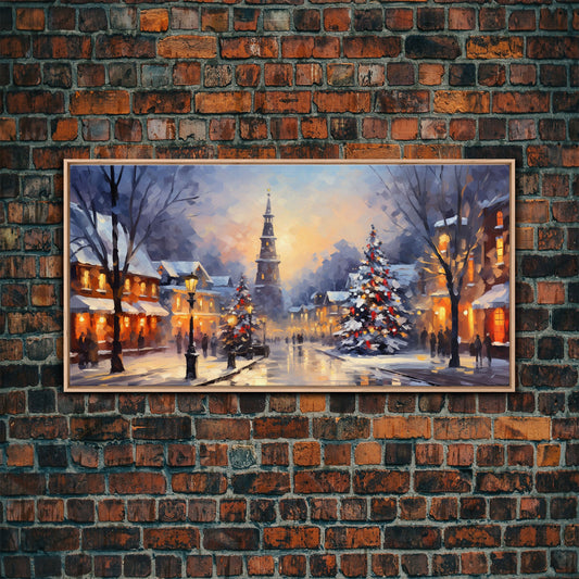Christmas Centerpiece Wall Art - Framed Canvas Print - Winter Wonderland Victorian Village Decorated for Christmas Canvas Wall Art