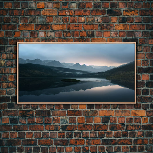 Calm Reflection Of A Lake and Mountains, ready to hang canvas print wall art, Lakehouse Cabin Wall Decor