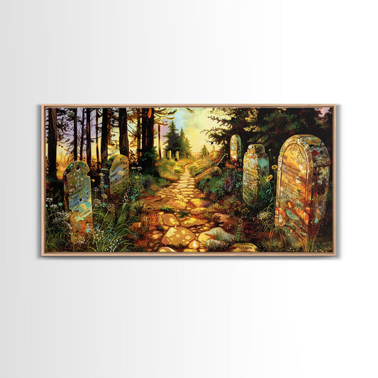 Haunted Cemetery In The Springtime, Framed Canvas Print, Colorful Halloween Decor, Halloween Wall Art