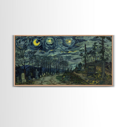 Haunted Graveyard Framed Canvas Print, Starry Night Van Gogh Inspired Halloween Decor, Spooky Vibes Halloween Gift