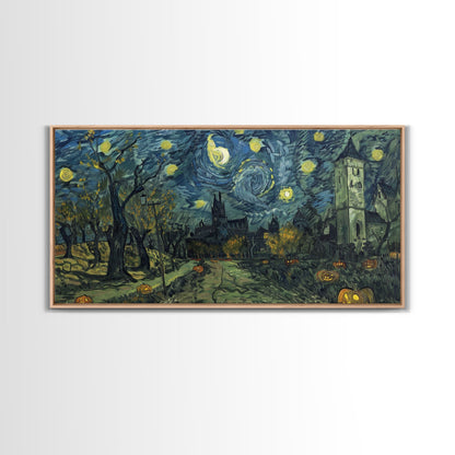 Haunted Halloween Cemetary, Starry Night Inspired Halloween Decor, Framed Canvas Print, Halloween Props