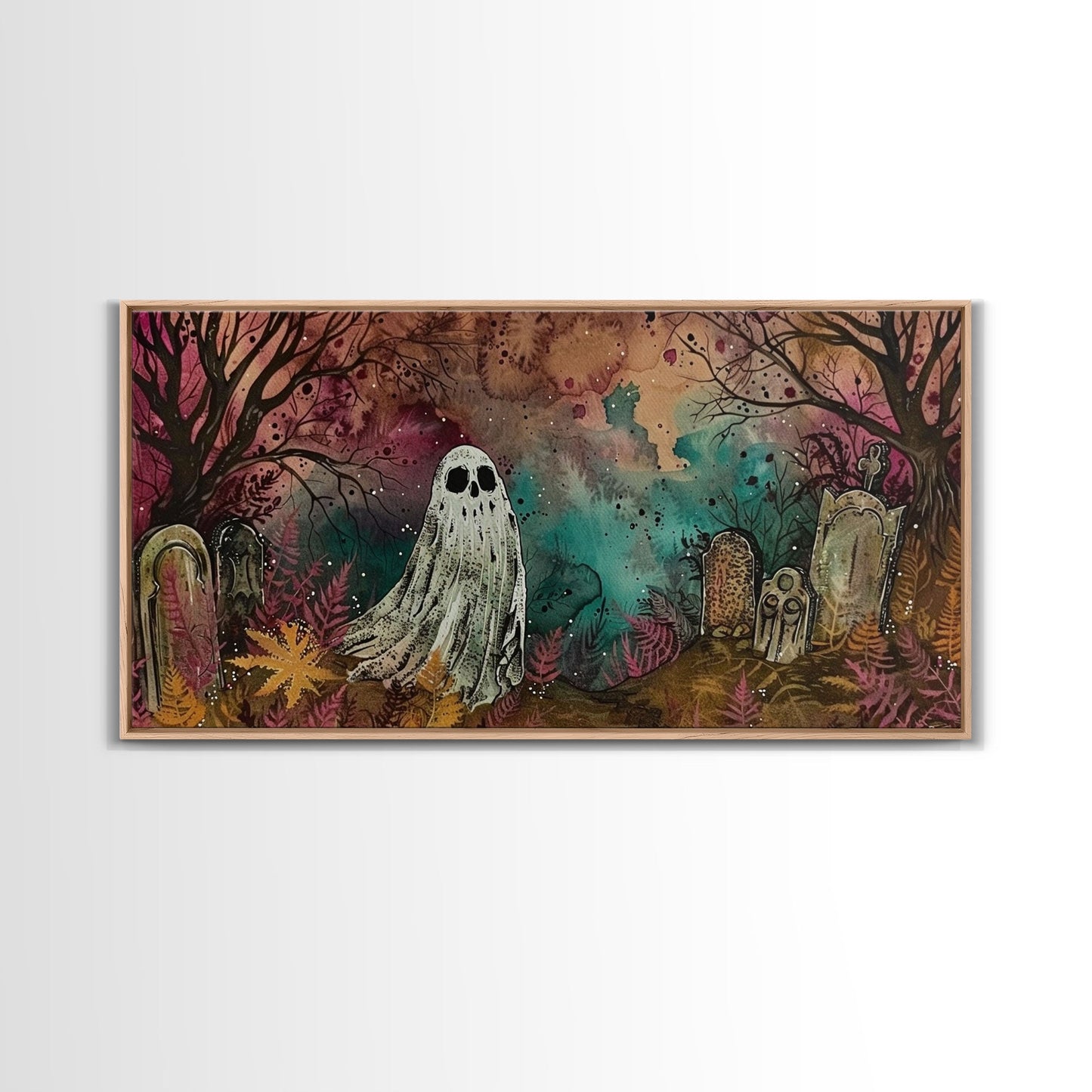 Cute Ghost In The Cemetery, Framed Canvas Print, Halloween Wall Decor, Halloween Trinkets