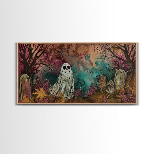 Cute Ghost In The Cemetery, Framed Canvas Print, Halloween Wall Decor, Halloween Trinkets