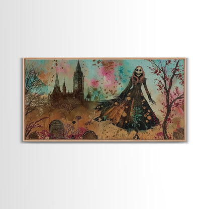 Grinning Banshee In A Cemetery Framed Canvas Print - Spooky Wall Art - Halloween Decor
