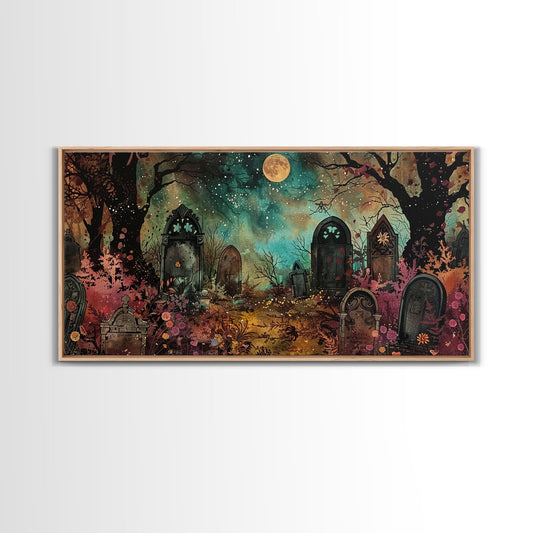 Spooky Cottagecore Mashup, Halloween Decor, Framed Canvas Print, Haunted Grave Yard Halloween Prop