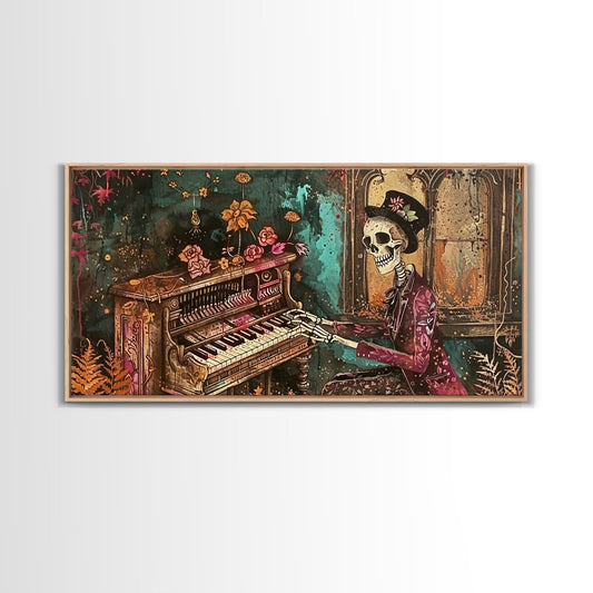 Skeleton Playing The Piano, Framed Canvas Print, Halloween Decor, Spooky Month Home Decor