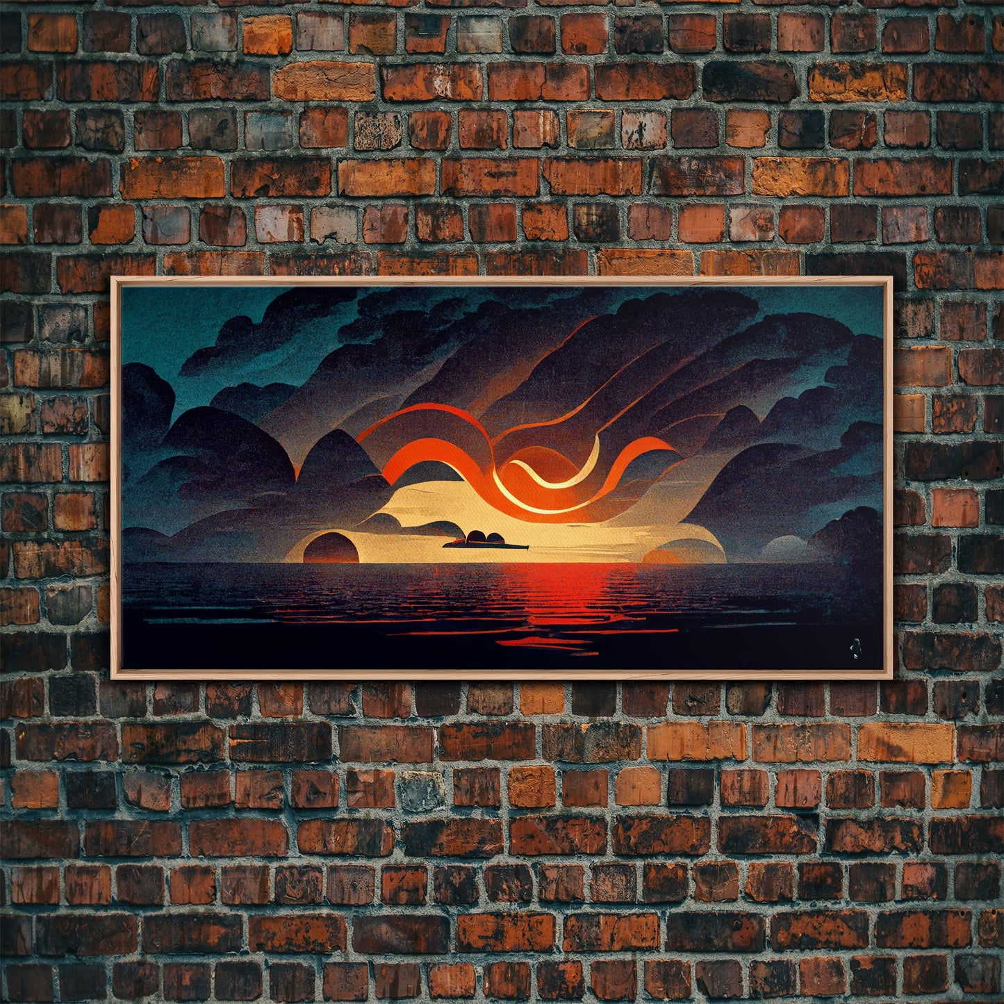 Abstract art deco sunset canvas print, sunset over the vast ocean, living room art