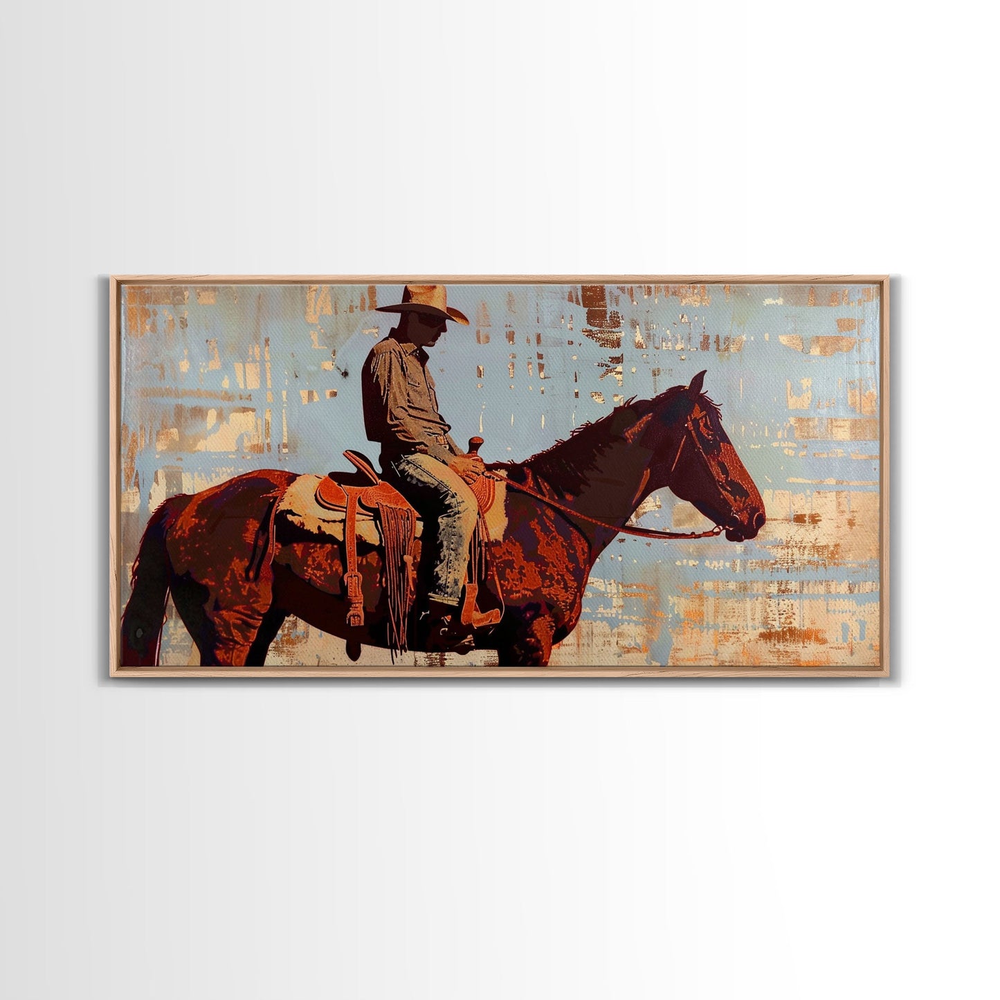 Cowboy on Horse with Rustic Background, Stunning Wall Art, Framed Canvas Print, Boho Bedroom Decor, Western Home Decoration