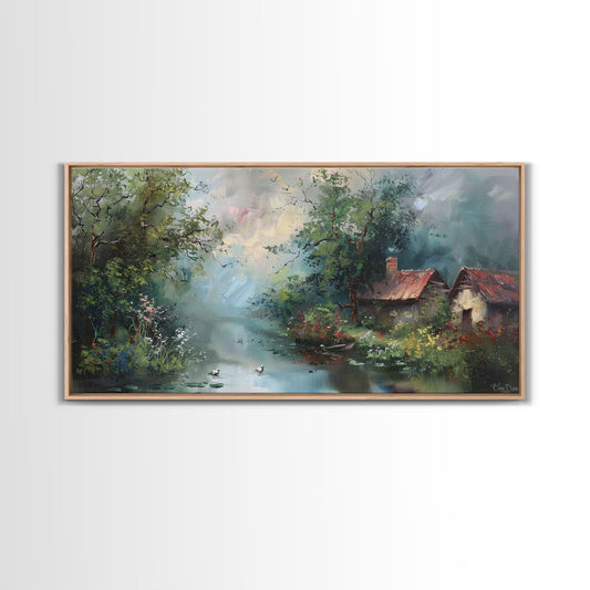 Serene River Cottage with Flowers, Framed Canvas Print, Farmhouse Style, Living Room Decor, Bedroom Art, Nature Scene